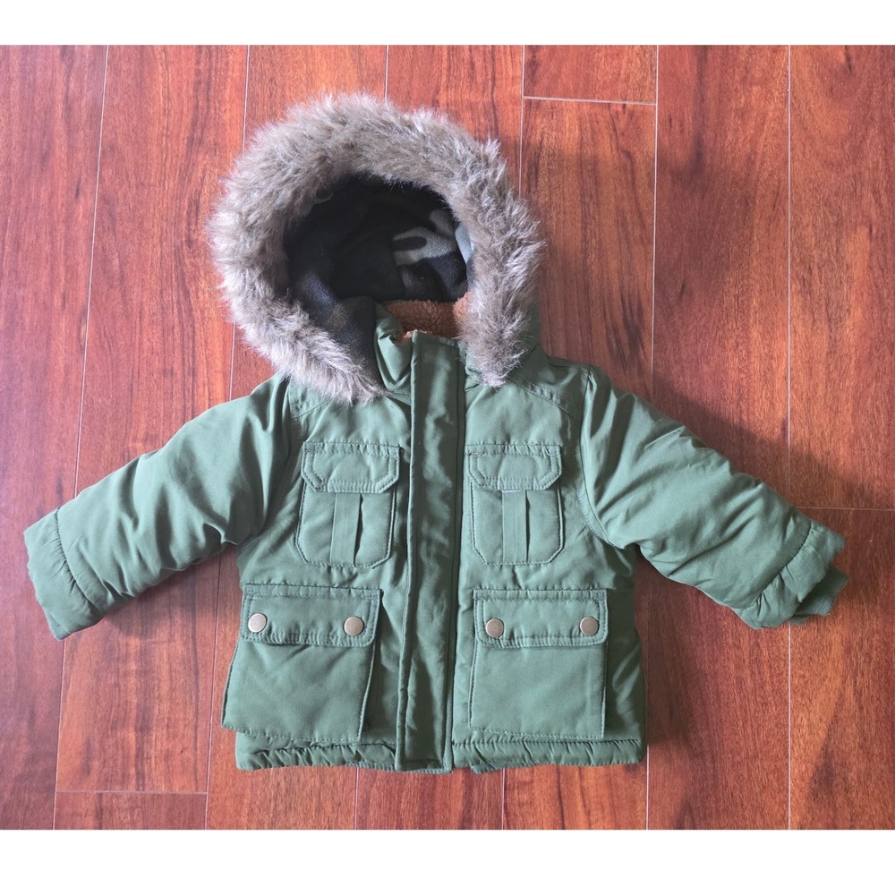 Girls Carter's Kids Olive Green Faux Fur Hooded Winter Parka Jacket 12M